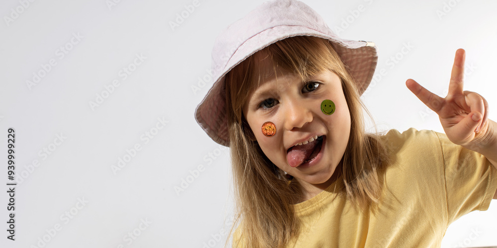 Little girl with emojis on face showing v gesture portrait Little girl with emojis on face showing v gesture portrait