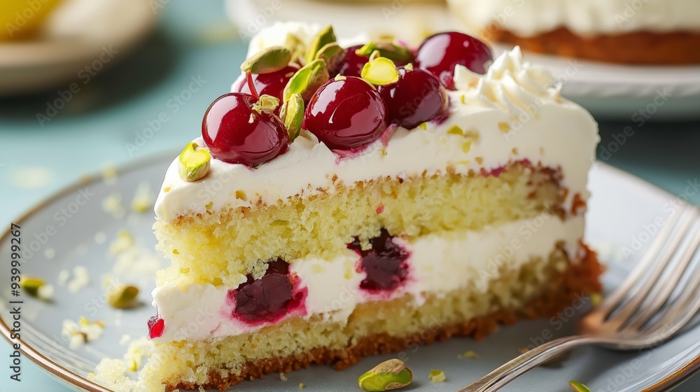A slice of moist layered cake showcases a creamy filling, topped with fresh cherries and chopped pistachios. The pastel blue plate enhances the vibrant colors of the dessert, inviting indulgence. A slice of moist layered cake showcases a creamy filling, topped with fresh cherries and chopped pistachios. The pastel blue plate enhances the vibrant colors of the dessert, inviting indulgence.