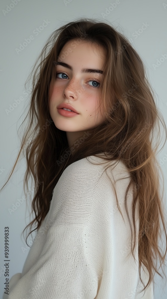A young English female influencer showcases her natural beauty while casually styled indoors. Soft waves frame her face, highlighting her expression amidst a light, airy backdrop. A young English female influencer showcases her natural beauty while casually styled indoors. Soft waves frame her face, highlighting her expression amidst a light, airy backdrop.