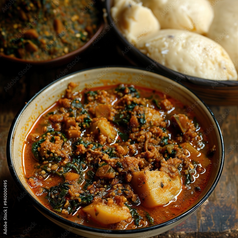 Pounded Yam and Egusi Soup: Pounded yam is a starchy side dish served with a soup made from ground melon seeds and vegetables. Pounded Yam and Egusi Soup: Pounded yam is a starchy side dish served with a soup made from ground melon seeds and vegetables.