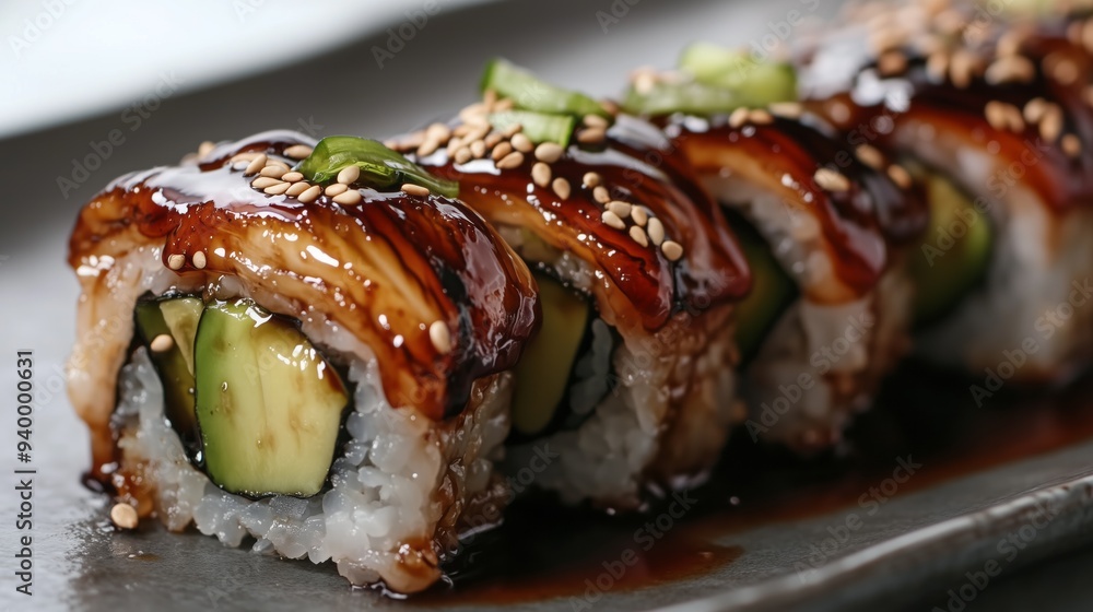 The caterpillar roll features smooth avocado, fresh cucumber, and savory eel, topped with a glossy sauce and sprinkled with sesame seeds, creating an exquisite dining experience. The caterpillar roll features smooth avocado, fresh cucumber, and savory eel, topped with a glossy sauce and sprinkled with sesame seeds, creating an exquisite dining experience.