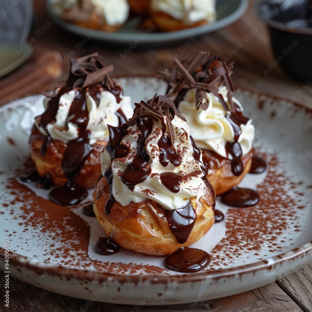 Profiteroles - Choux pastry filled with cream and topped with chocolate sauce. Profiteroles - Choux pastry filled with cream and topped with chocolate sauce.