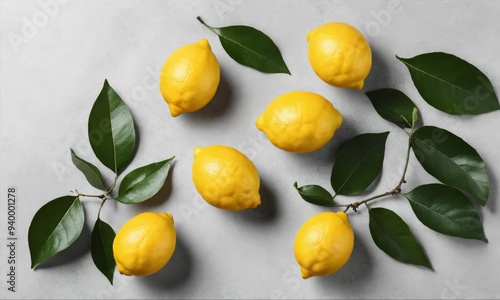 Flat lay of lemons with green leaves on a gray background