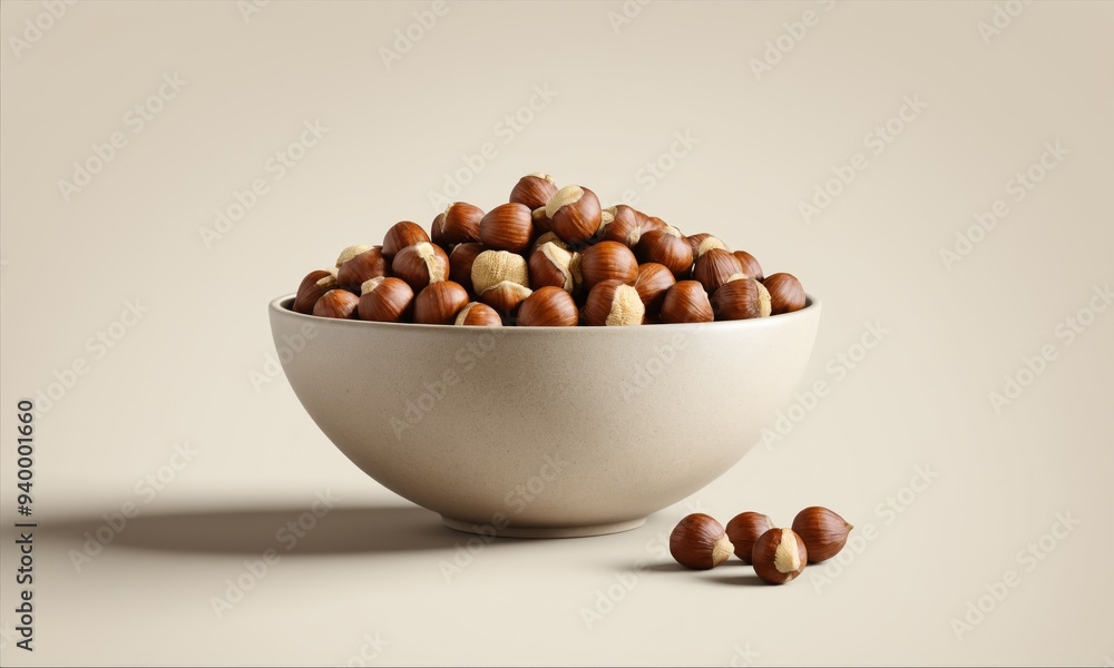 Pile of hazelnuts in a white bowl on a beige background Pile of hazelnuts in a white bowl on a beige background