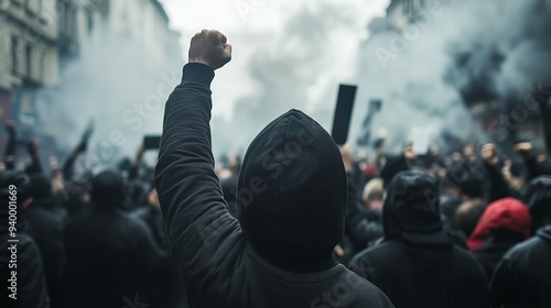 A large crowd of protesters is gathered on a city street, expressing their anger and frustration by raising their fists. Smoke from flares adds tension to the atmosphere of the demonstration.