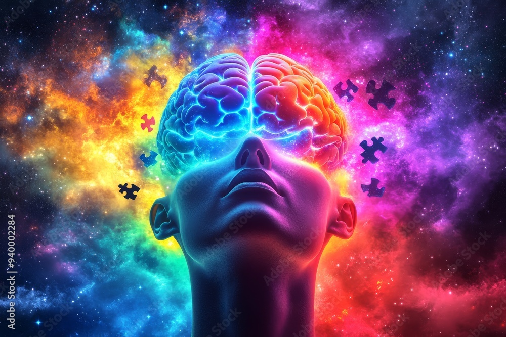 Vibrant digital illustration of a human head with a brain composed of galaxies symbolizing the cosmic connection between thought and the expansive nature of creativity Vibrant digital illustration of a human head with a brain composed of galaxies symbolizing the cosmic connection between thought and the expansive nature of creativity