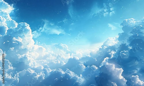 Bright blue sky with puffy white clouds and scattered stars