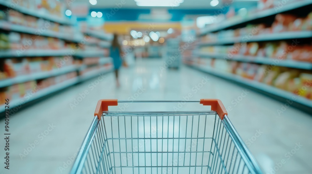 Empty shopping cart in grocery store. POV concept. Shopping concept Empty shopping cart in grocery store. POV concept. Shopping concept