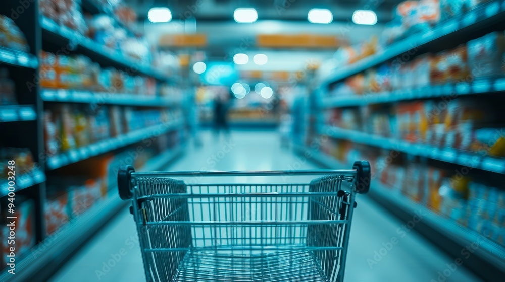 Empty shopping cart in grocery store. POV concept. Shopping concept Empty shopping cart in grocery store. POV concept. Shopping concept