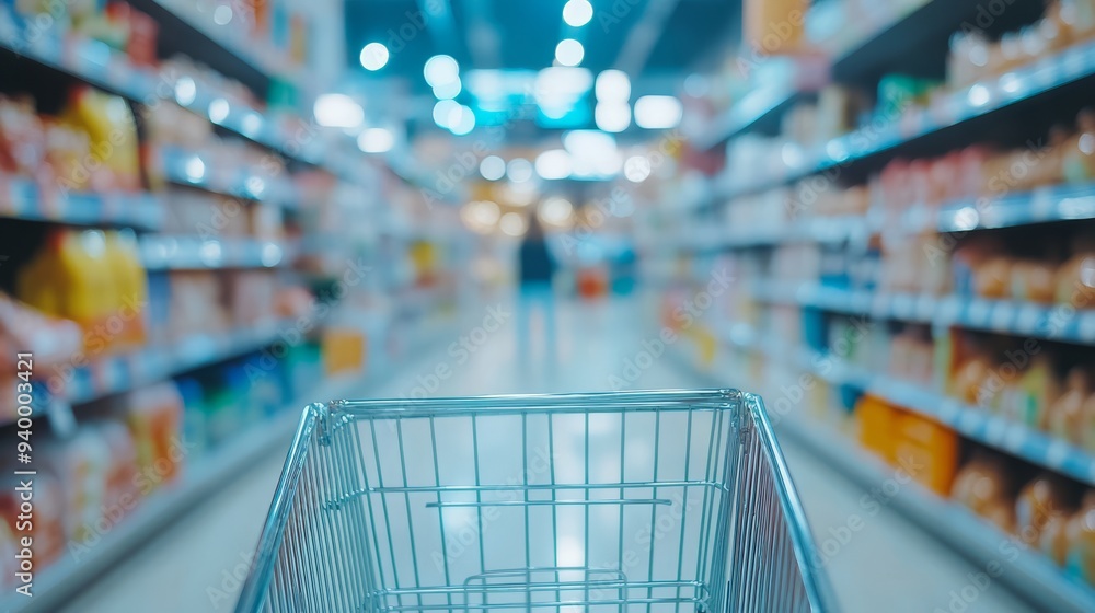 Empty shopping cart in grocery store. POV concept. Shopping concept Empty shopping cart in grocery store. POV concept. Shopping concept