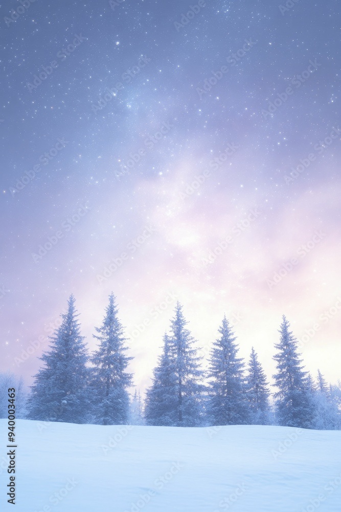 Tranquil snow-covered pines rise beneath a fantastical night sky adorned with vibrant hues and twinkling stars. Tranquil snow-covered pines rise beneath a fantastical night sky adorned with vibrant hues and twinkling stars.