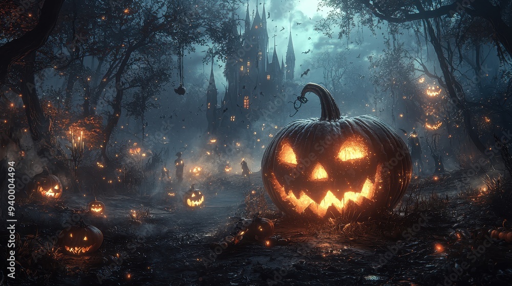 Fototapeta premium Spooky Halloween Night with Jack o Lantern and Haunted Castle