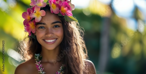 A young Hawaiian woman smiles brightly, adorned with a vibrant flower crown in a lush, tropical garden. Sunlight filters through the leaves, illuminating her joyful expression. copy space. photo