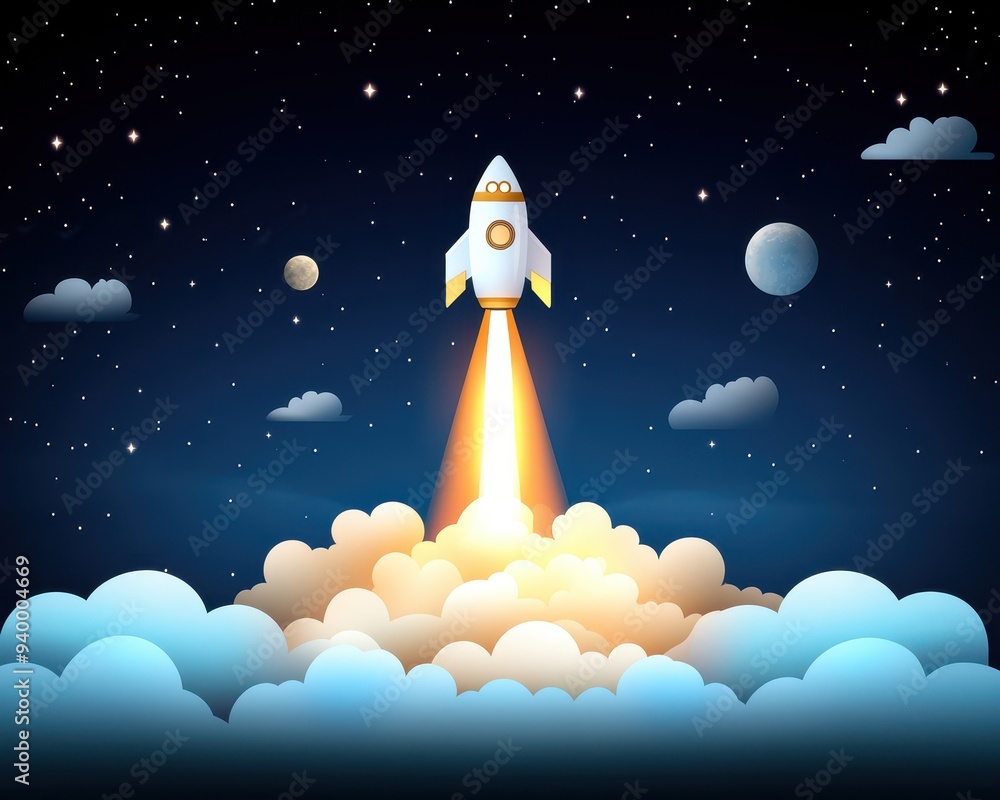A colorful rocket launching into space amidst clouds and planets, symbolizing adventure and exploration beyond Earth. A colorful rocket launching into space amidst clouds and planets, symbolizing adventure and exploration beyond Earth.