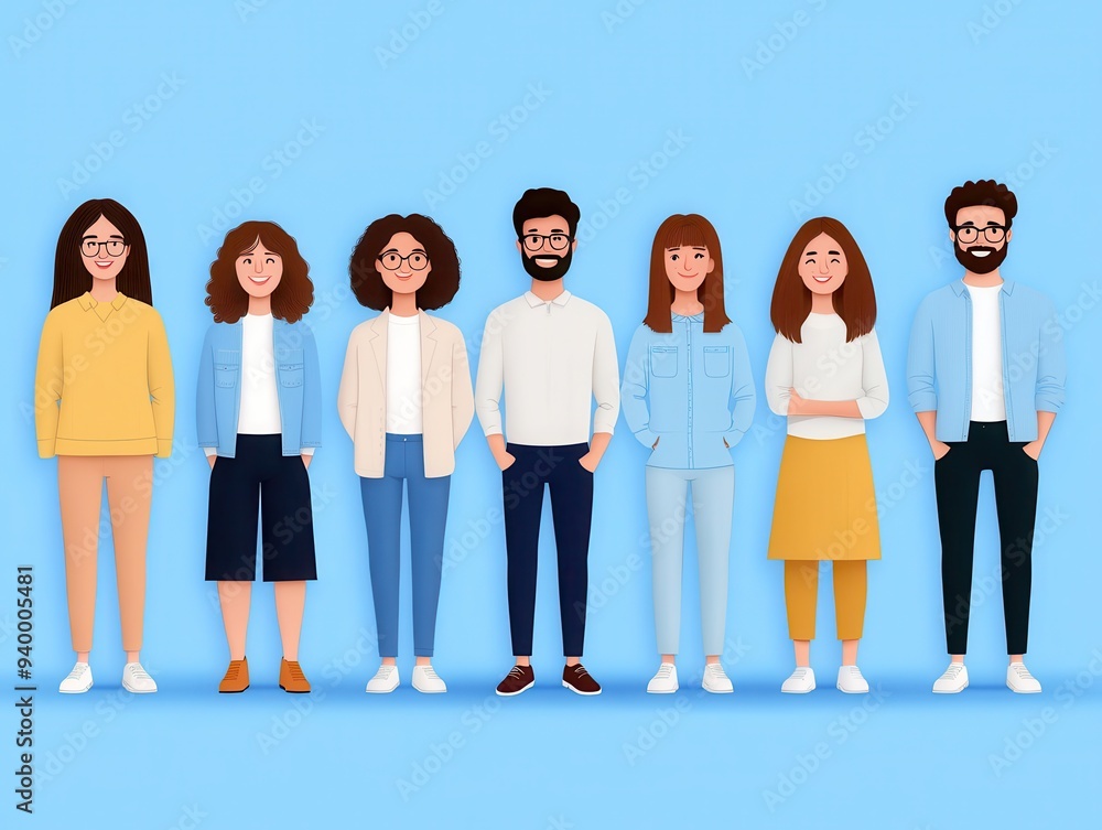 Fototapeta premium A diverse group of cartoon characters standing together, showcasing friendship and community in a vibrant illustration.