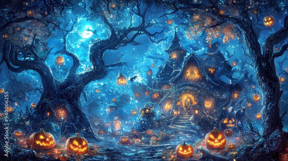 Halloween Haunted House Nighttime Forest with Jack o Lanterns Halloween Haunted House Nighttime Forest with Jack o Lanterns