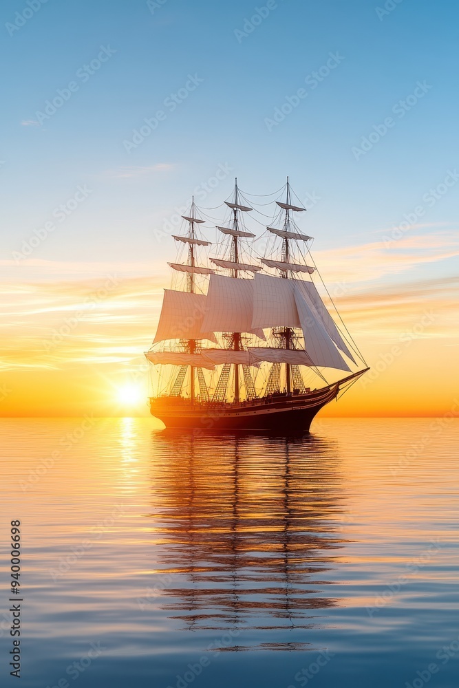 A majestic sailing ship gracefully gliding on calm waters during a stunning sunset, capturing the beauty of ocean adventure. A majestic sailing ship gracefully gliding on calm waters during a stunning sunset, capturing the beauty of ocean adventure.