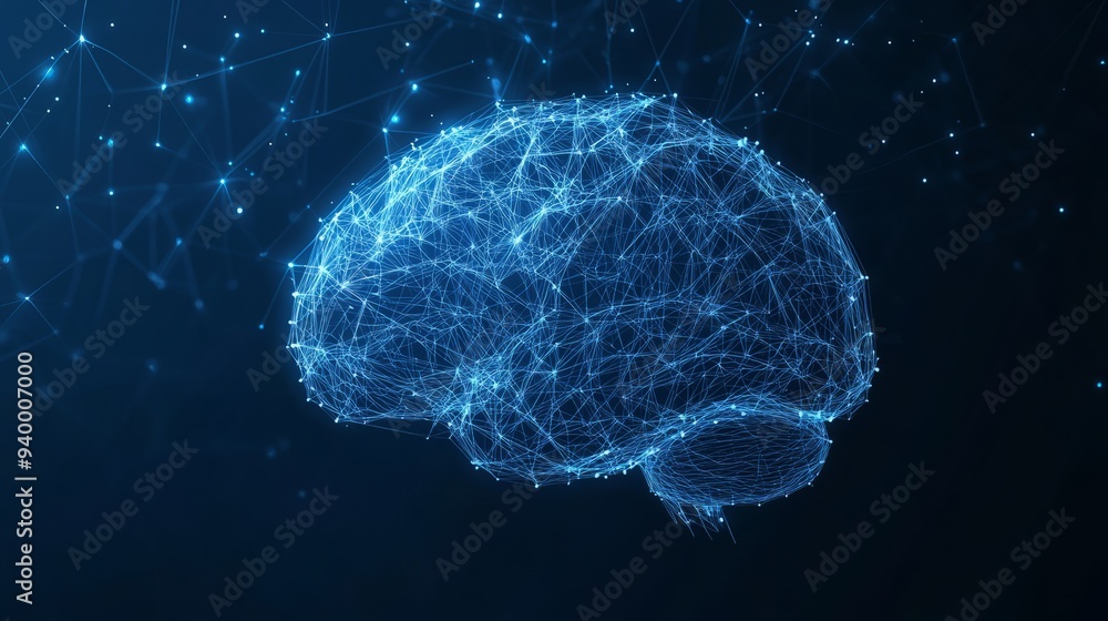Human Brain. Best idea concept. With dark blue background. Low poly wireframe with lines, dots and glowing particles Human Brain. Best idea concept. With dark blue background. Low poly wireframe with lines, dots and glowing particles