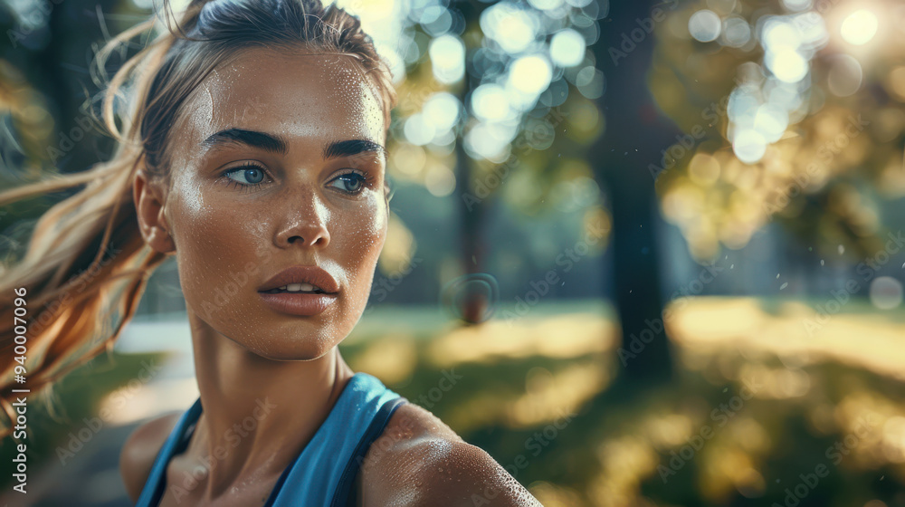 A close-up view of a woman during an intense workout session, slight perspiration visible, determined expression, ponytail flowing, set against A close-up view of a woman during an intense workout session, slight perspiration visible, determined expression, ponytail flowing, set against