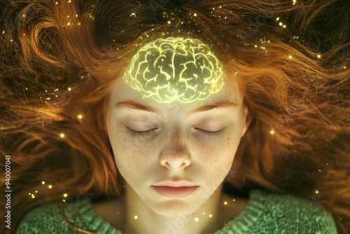 Close up of a woman with a glowing brain symbolizing deep meditation connection with nature and the harmony of mind and body