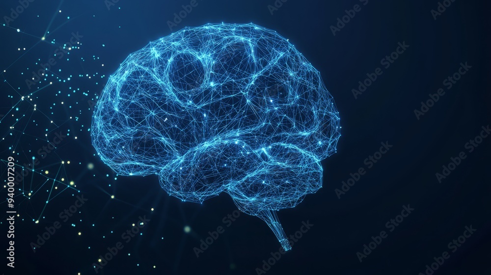 Human Brain. Best idea concept. With dark blue background. Low poly wireframe with lines, dots and glowing particles Human Brain. Best idea concept. With dark blue background. Low poly wireframe with lines, dots and glowing particles