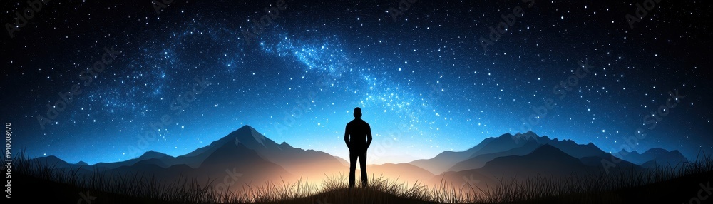 Fototapeta premium A silhouette of a person standing against a starry night sky, surrounded by majestic mountains and a serene landscape.