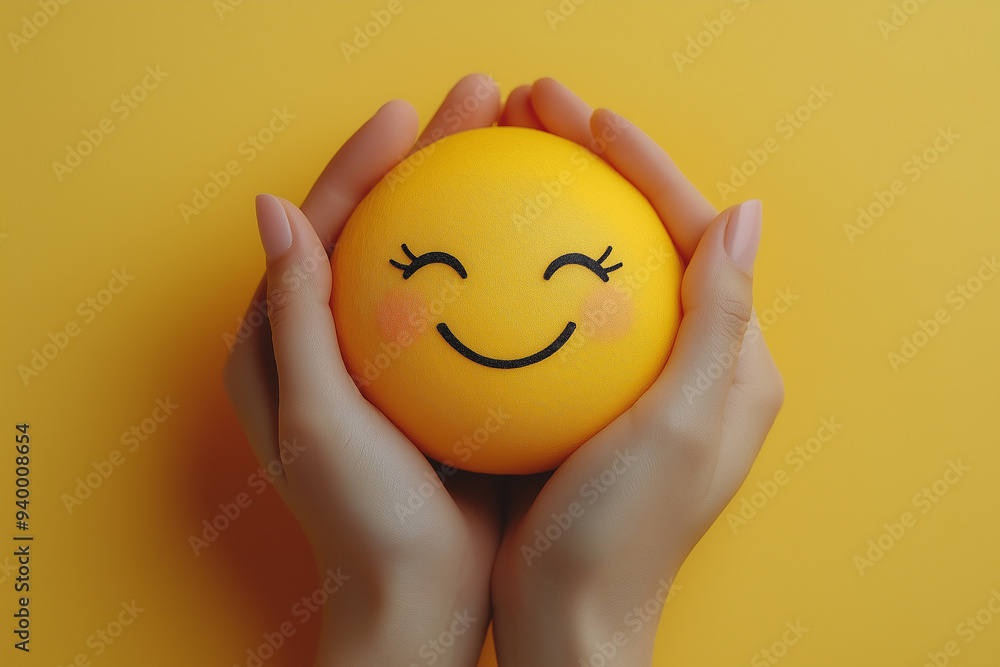 Joyful Embrace: Hands Holding Smiling Yellow Sphere Joyful Embrace: Hands Holding Smiling Yellow Sphere