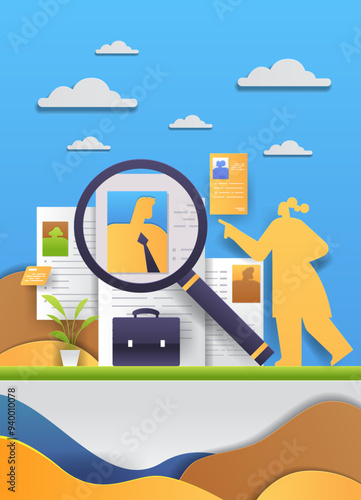 Job search recruitment concept magnifying glass resumes. Silhouette of person pointing at documents briefcase plant clouds paper cut style