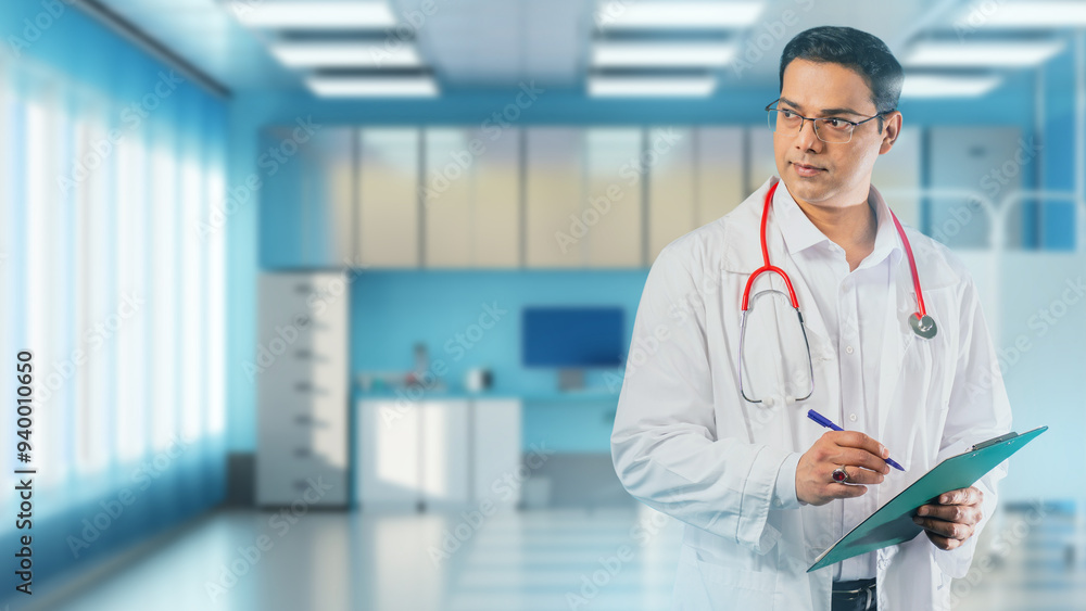 Man doctor. Medic is standing in office. Doctor with clipboard in hands. Medic in clinic building. Medical nurse in white coat. Experienced doctor with stethoscope on his neck. Man therapist Man doctor. Medic is standing in office. Doctor with clipboard in hands. Medic in clinic building. Medical nurse in white coat. Experienced doctor with stethoscope on his neck. Man therapist