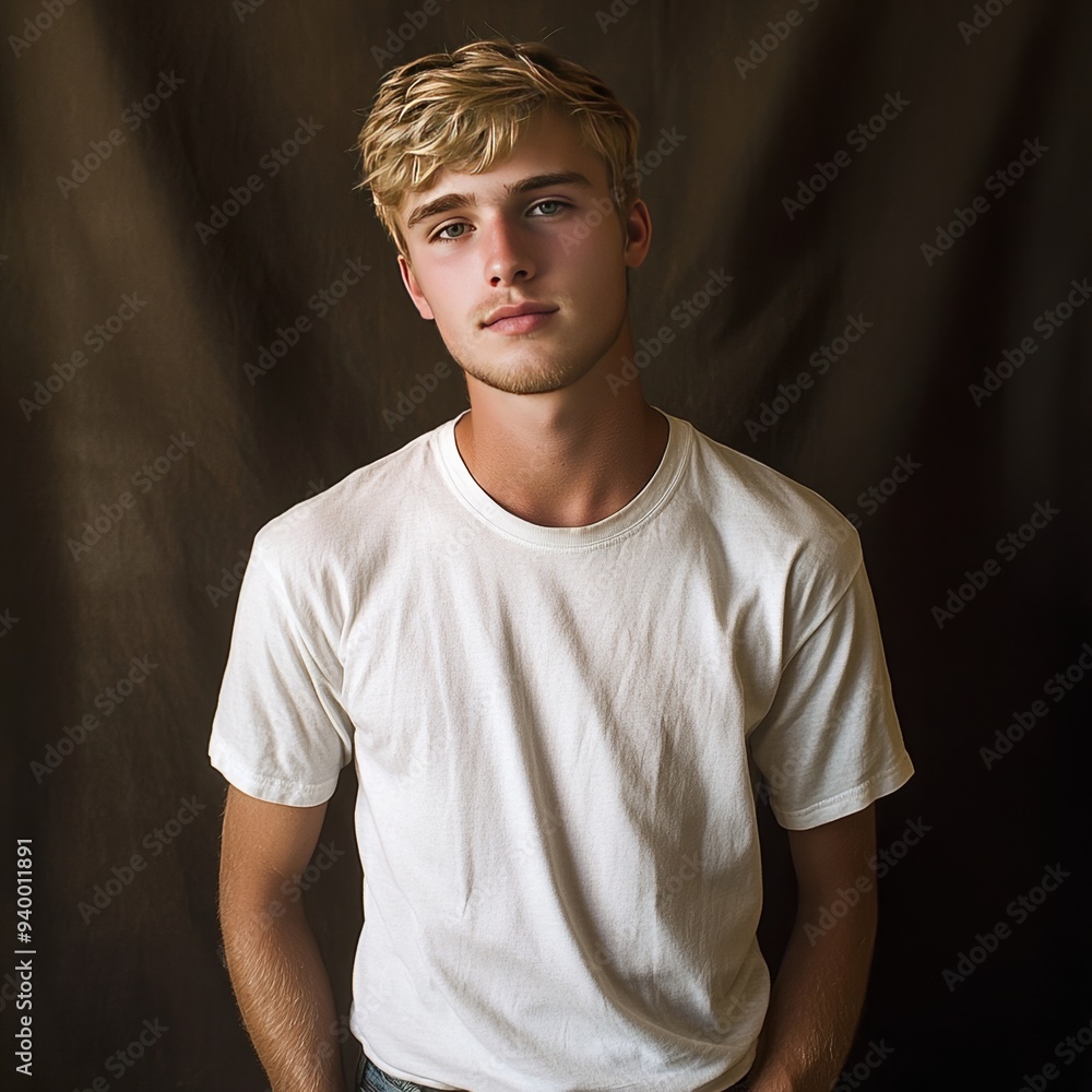 Portrait of a man in a white T-shirt, taken in a studio. Portrait of a man in a white T-shirt, taken in a studio.