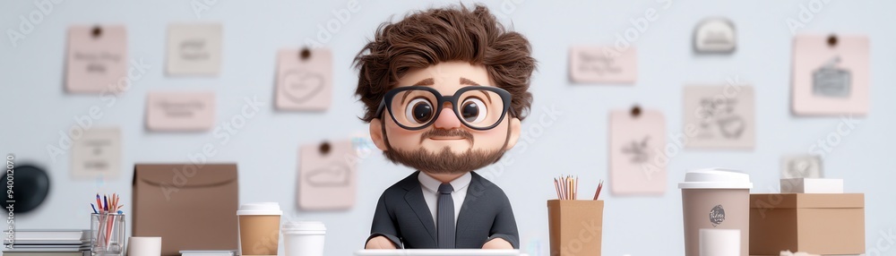 A whimsical cartoon character seated at a desk, showcasing creativity and professionalism in a modern office environment.