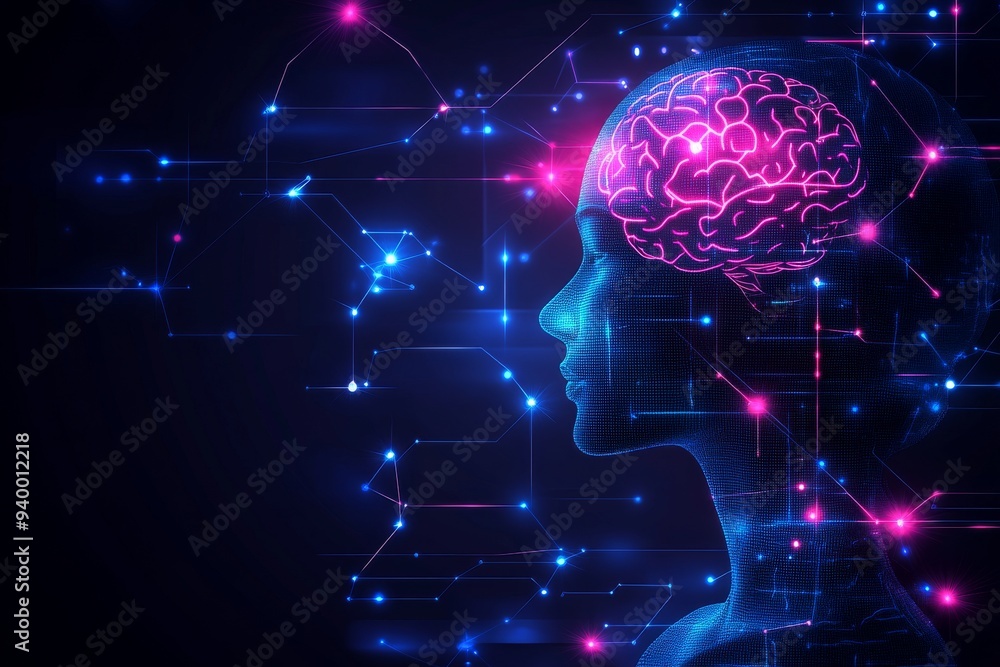 Abstract digital representation of a head with glowing neural connections symbolizing AI machine learning and the interconnectedness of modern thought Abstract digital representation of a head with glowing neural connections symbolizing AI machine learning and the interconnectedness of modern thought