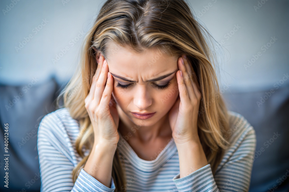 Young woman with a headache holding her temples indoors Young woman with a headache holding her temples indoors