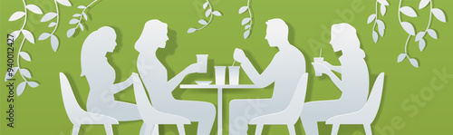 People dining together paper cut style silhouettes in a green background with hanging leaves