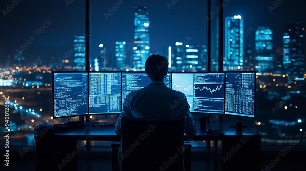 Night City Coder: A lone programmer silhouetted against a mesmerizing cityscape, illuminated by the glow of multiple monitors displaying lines of code. The image captures the essence of late-night cod Night City Coder: A lone programmer silhouetted against a mesmerizing cityscape, illuminated by the glow of multiple monitors displaying lines of code. The image captures the essence of late-night cod