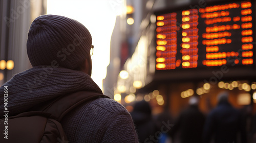 Urban Arrival: A lone traveler arrives in the heart of the bustling city, captivated by the vibrant glow of an arrival/departure board.