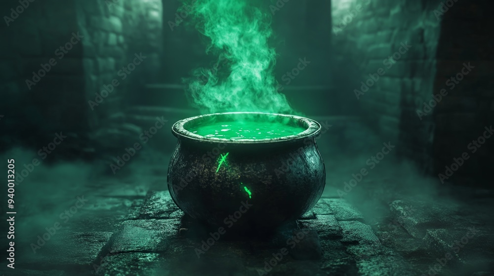 Cauldron with green potion. Foggy background Cauldron with green potion. Foggy background