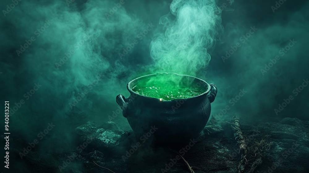 Cauldron with green potion. Foggy background Cauldron with green potion. Foggy background