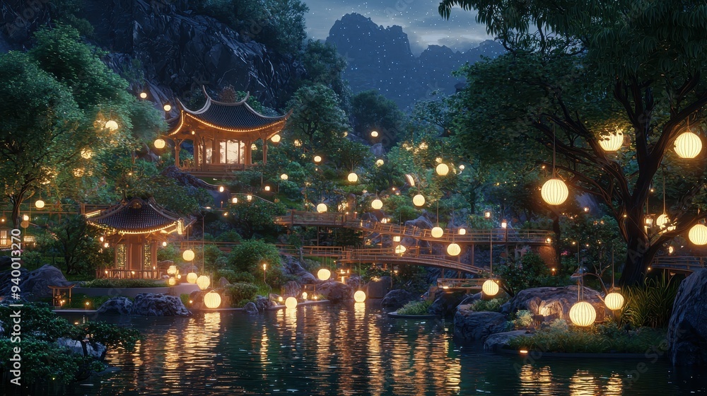 Obraz premium Enchanting Asian Garden with Lantern Lights at Night