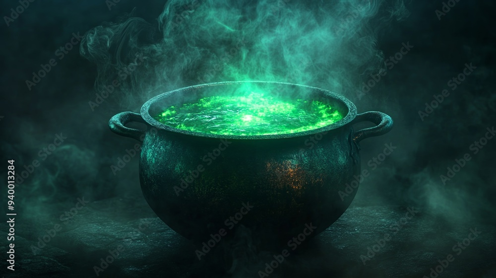 Cauldron with green potion. Foggy background Cauldron with green potion. Foggy background