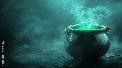Cauldron with green potion. Foggy background