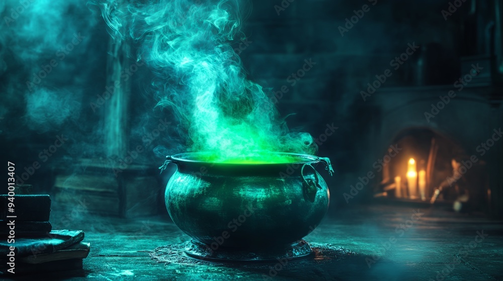 Cauldron with green potion. Foggy background Cauldron with green potion. Foggy background