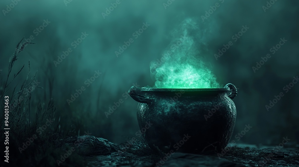 Cauldron with green potion. Foggy background Cauldron with green potion. Foggy background