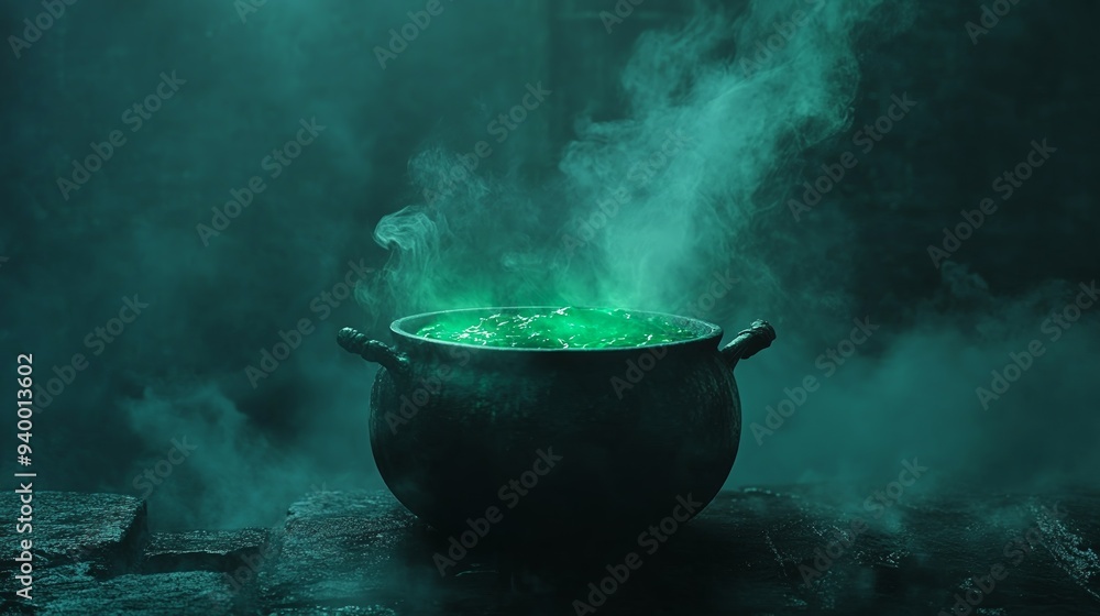 Cauldron with green potion. Foggy background Cauldron with green potion. Foggy background