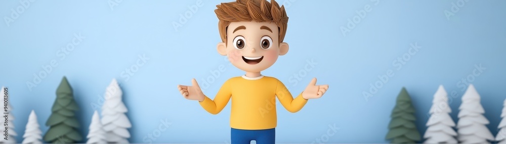 Cheerful cartoon boy with a friendly smile and outstretched arms against a snowy background, perfect for children's themes. Cheerful cartoon boy with a friendly smile and outstretched arms against a snowy background, perfect for children's themes.