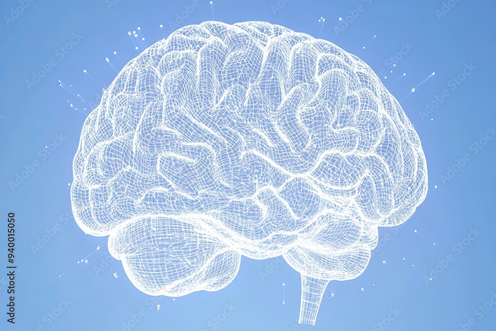 A wireframe model of a human brain against a light blue background, with white lines representing the neural network. A wireframe model of a human brain against a light blue background, with white lines representing the neural network.