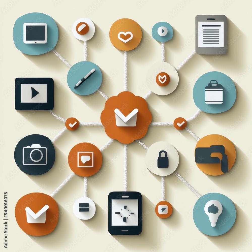 A creative illustration depicting various communication and technology icons connected with lines to symbolize digital interaction. A creative illustration depicting various communication and technology icons connected with lines to symbolize digital interaction.