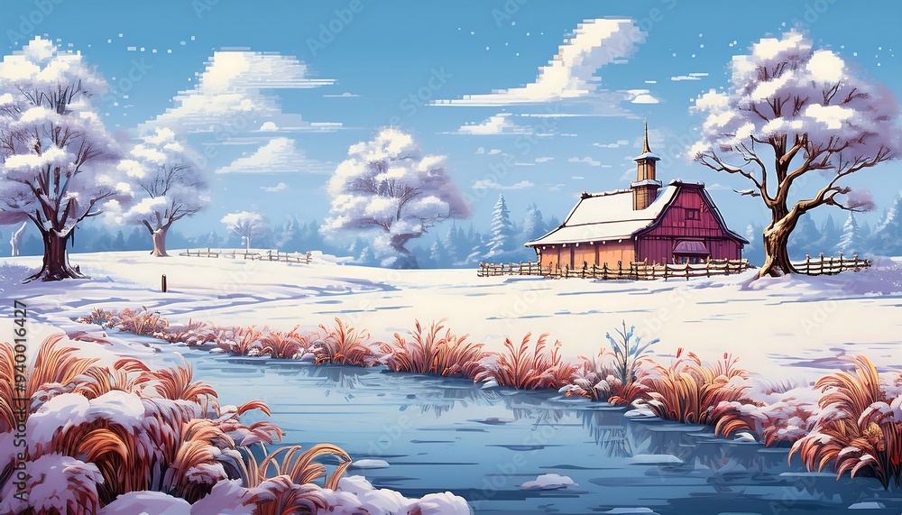 Pixelated Winter Farm - 16-bit pixel art scene of a farmers field ...