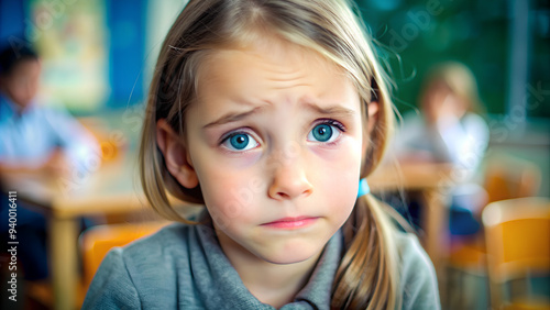 Worried young girl in a classroom with a sad expression
