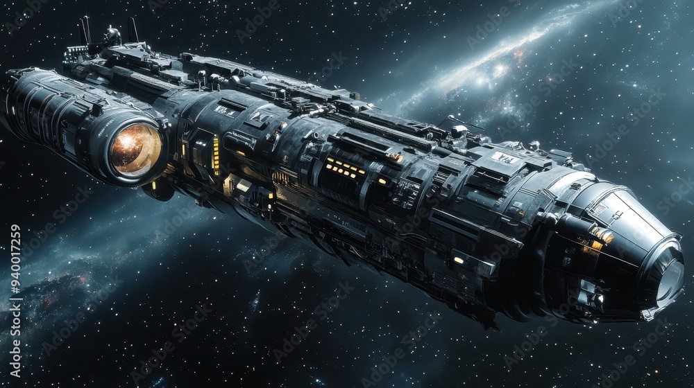 Futuristic Spaceship Flying Through Space With Stars And Galaxy Futuristic Spaceship Flying Through Space With Stars And Galaxy